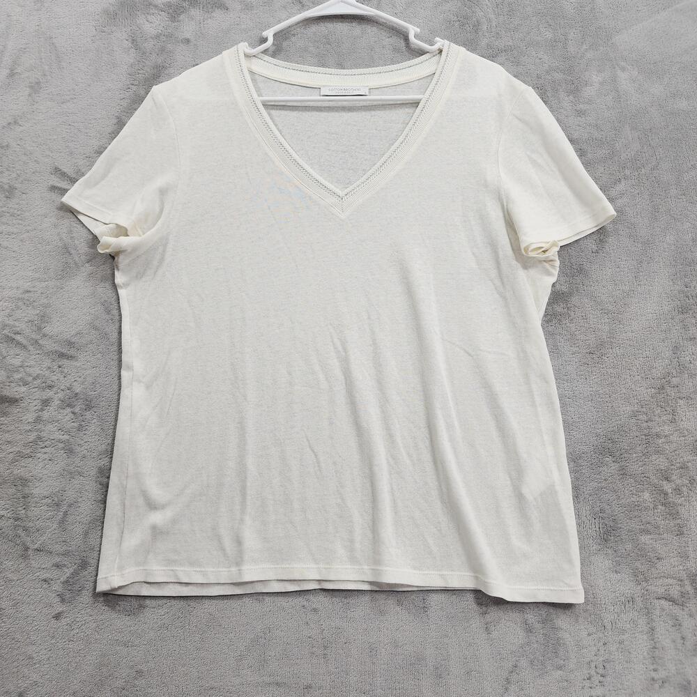 Cotton Brothers Shirt Womens L White Silver Linen Cotton V-Neck Short Sleeve